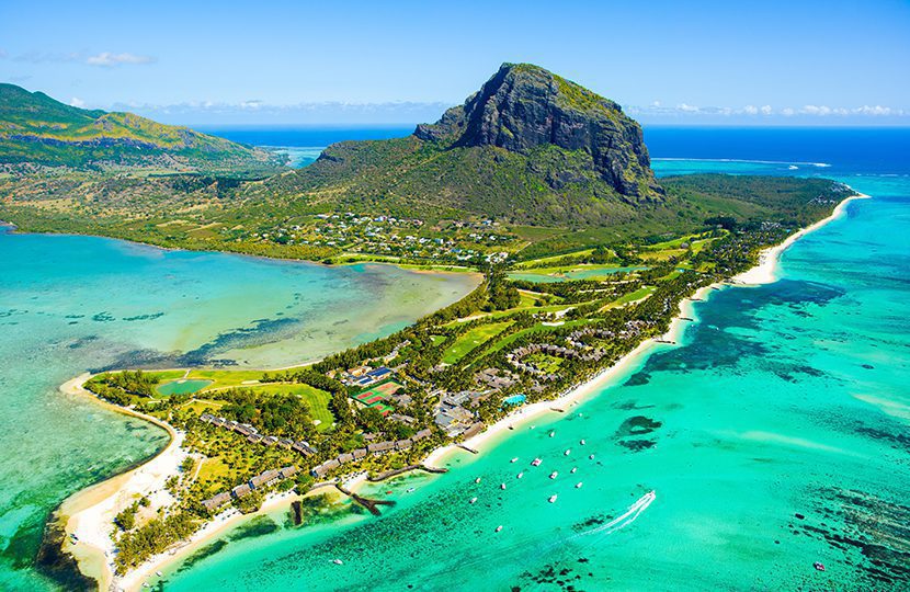 Aerial view of Mauritius island panorama and famous Le Morne Brabant mountain, beautiful blue lagoon and underwater waterfall by Myroslava