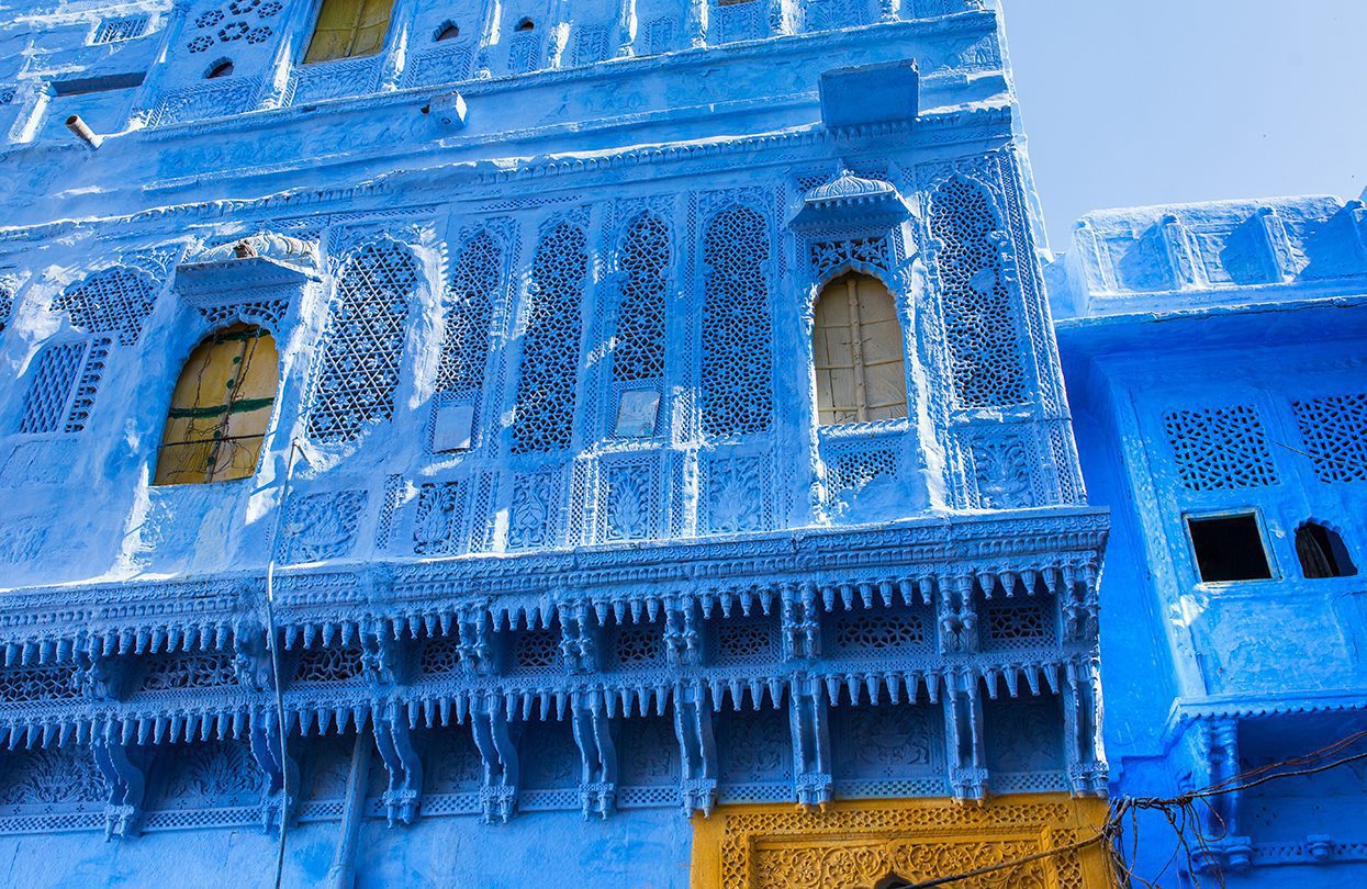Traditional blue windows and wall in Blue City Jodhpur